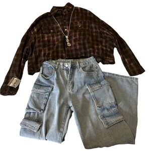 NWT olivaceous cropped plaid long sleeve button down shirt women’s size small